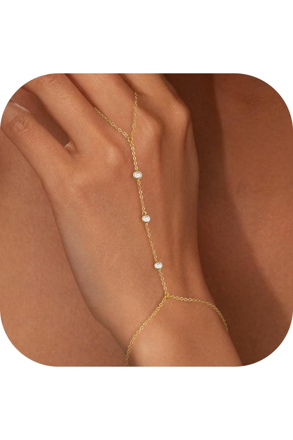 Hand Chain Bracelets for Women Dainty 14K Gold Plated Cubic Zircon Finger Rings Bracelets Hand Chain Personalized Bracelet for Women Summer Jewelry Accessories Gifts Valentines Day