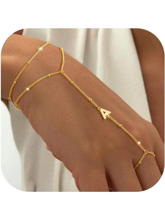 Initial Hand Chain Bracelets for Women Dainty Ring Cuff Trendy Letter Link Charm Jewelry Birthday Teacher Appreciation Mothers Day Graduation Gifts for Her Mom Kids Teen Girls Wife Ideas