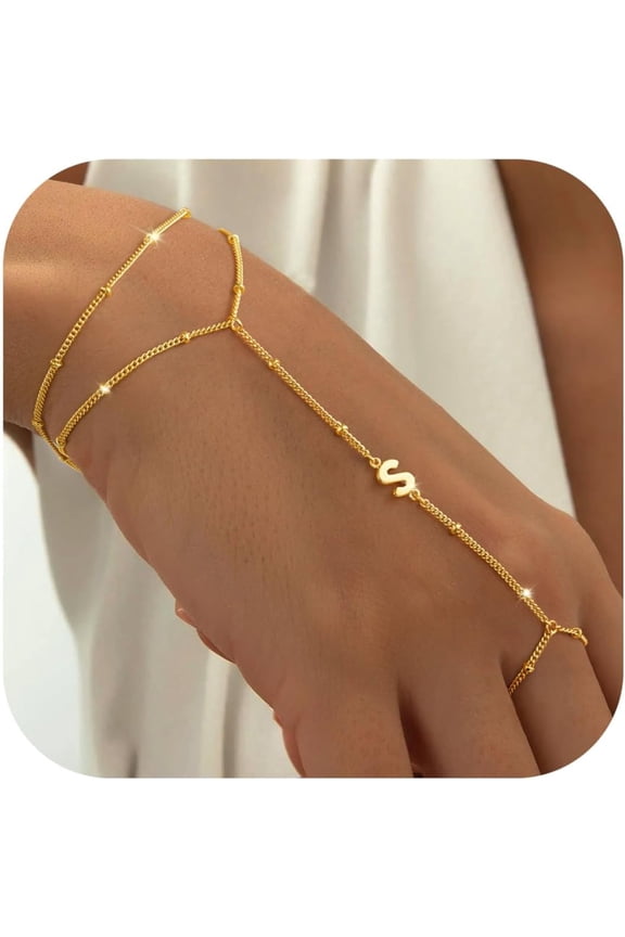 Hand Chain Bracelets for Women Dainty Gold Ring Cuff Bracelet Letter S Initial Hand Chain for Women Trendy Link Charm Bracelet Personalized Gold Jewelry Birthday Gifts for Women