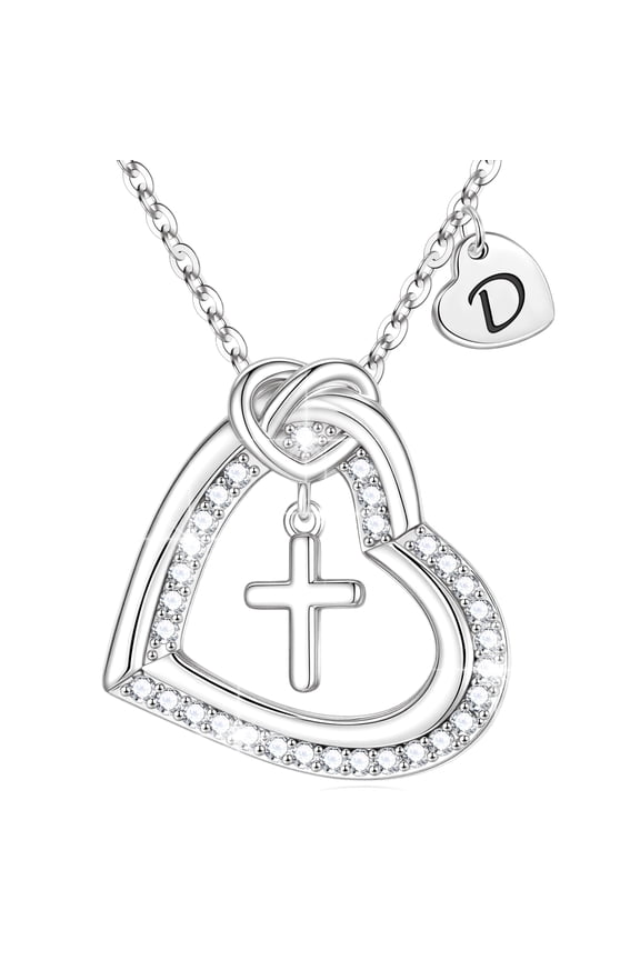 Heart Cross Initial Necklaces for Women 14K Gold Plated CZ Pendant Trendy Jewelry Religious Birthday Teacher Appreciation Mothers Day Graduation Gifts for Her Mom Teen Wife Ideas