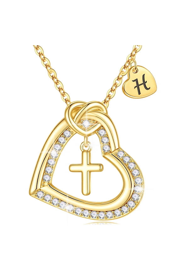 Heart Cross Initial Necklaces for Women Girls Dainty 14K Gold Plated Cubic Zirconia Letter a-z Pendant Jewelry Christian Religious Birthday Gifts for Women Girls Stuff Jewelry