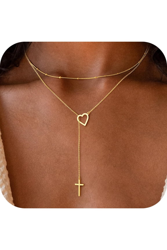 Heart Gold Cross Necklace for WomenDainty 14K Gold Plated Y-Shaped Cross Pendant Necklace Long Layered Heart Necklaces Religious Christian Baptism Faith Jewelry Gifts
