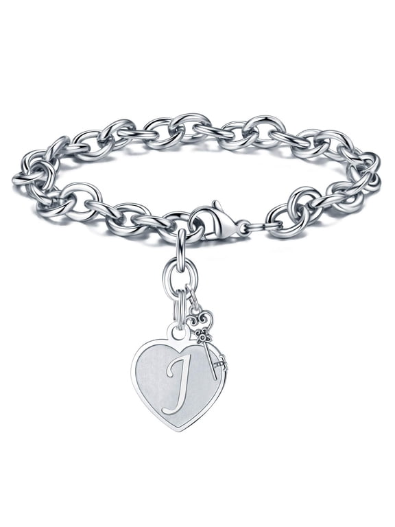 Heart Initial Bracelets for Girls Gifts Engraved 26 Letters Initial Charms Stainless Steel Adjustable Trendy Jewelry Birthday Gift for Women Teen Girls