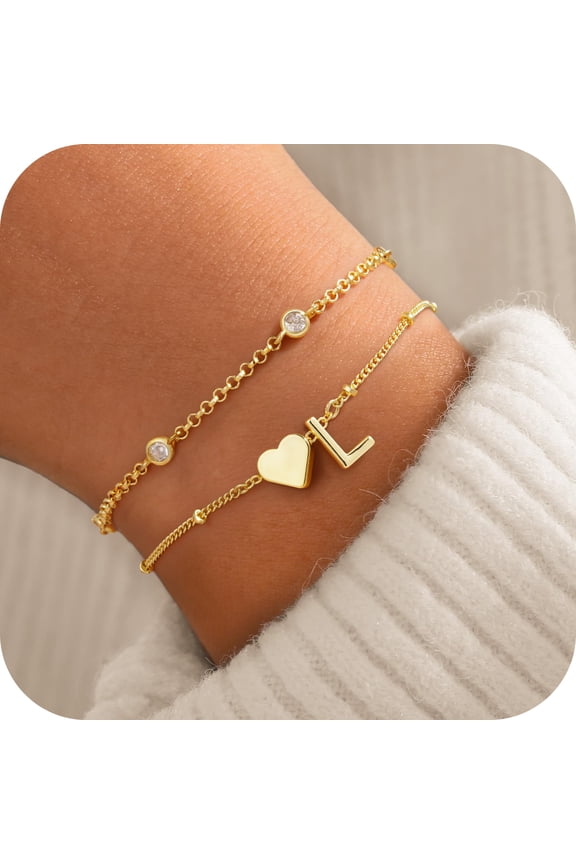 Heart Initial Bracelets for Teen Girls 14K Gold Plated Layered cz Heart Letter A-Z Charm Stack Trendy Jewelry Birthday Gifts for Women Teen Girls