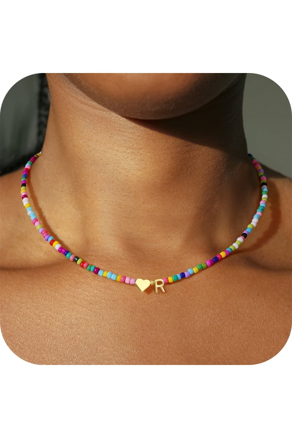 Heart Initial Necklaces for Girls 14K Gold Plated Colorful Beaded Tiny Heart Pendant Choker Letter A-Z for Teens Little Girls Daughter Kids Jewelry Birthday Gifts for Women Girls Age 8-12
