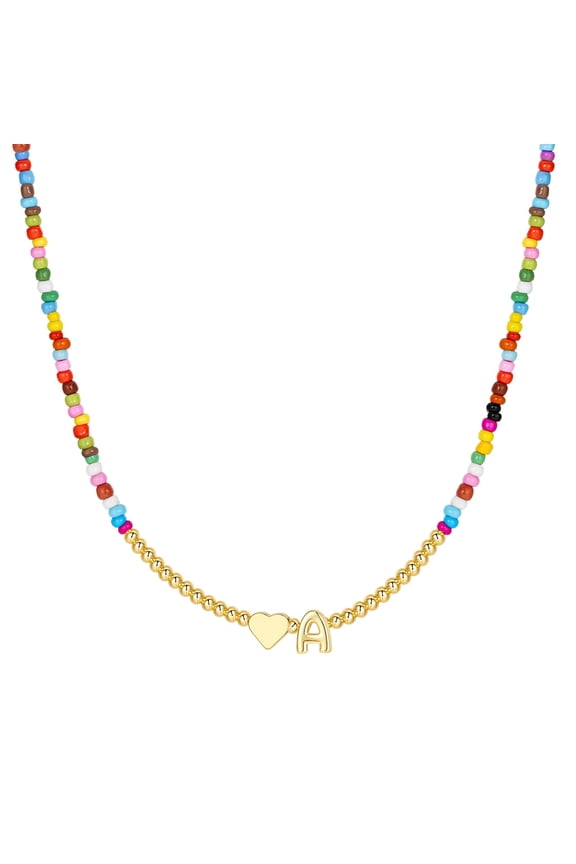 Heart Initial Necklaces for Girls 14K Gold Plated Colorful Beaded Tiny Heart Pendant Choker Letter a-z Kids Jewelry Birthday Gifts for Women Teen Girls Trendy