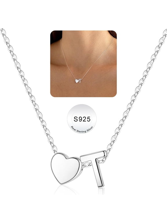 Heart Initial Necklaces for Girls Trendy S925 Sterling Silver Dainty Letter T Heart Necklace Tiny Silver Initial Necklaces Birthday Gifts for Women Teen Girl Jewelry
