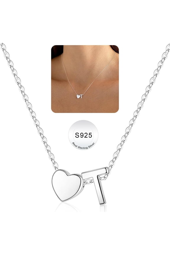 Heart Initial Necklaces for Girls Trendy S925 Sterling Silver Dainty Letter T Heart Necklace Tiny Silver Initial Necklaces Birthday Gifts for Women Teen Girl Jewelry