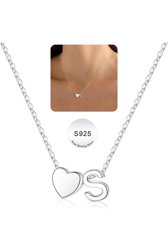 Heart Initial Necklaces for Girls Trendy S925 Sterling Silver Initial S Dainty Heart Tiny Silver Initial Necklaces Initial Letter Necklace Silver Jewelry for Women Teen Girl