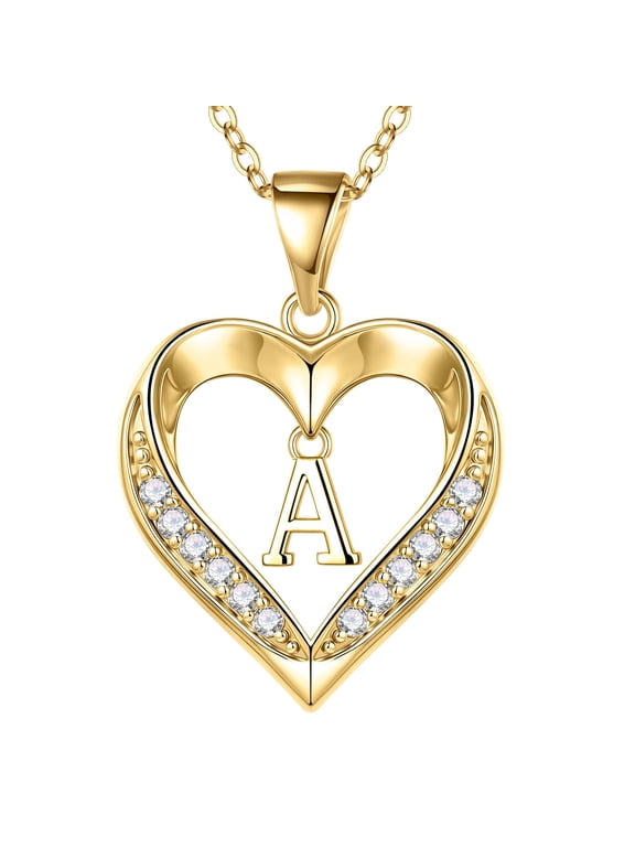 Heart Initial Necklaces for Women Dainty 14K Gold Plated CZ Heart Pendant Tiny Letter Trendy Jewelry Teacher Appreciation Mothers Day Graduation Gifts for Her Mom Kids Teen Girls Wife Ideas
