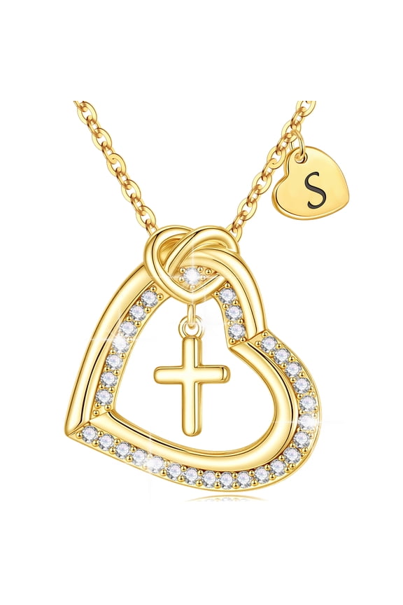 Heart Initial Necklaces for Women Girls Dainty 14K Gold Plated Cubic Zirconia Letter a-z Pendant Jewelry Christian Religious Birthday Gifts for Women Little Girls Daughter Granddaughter