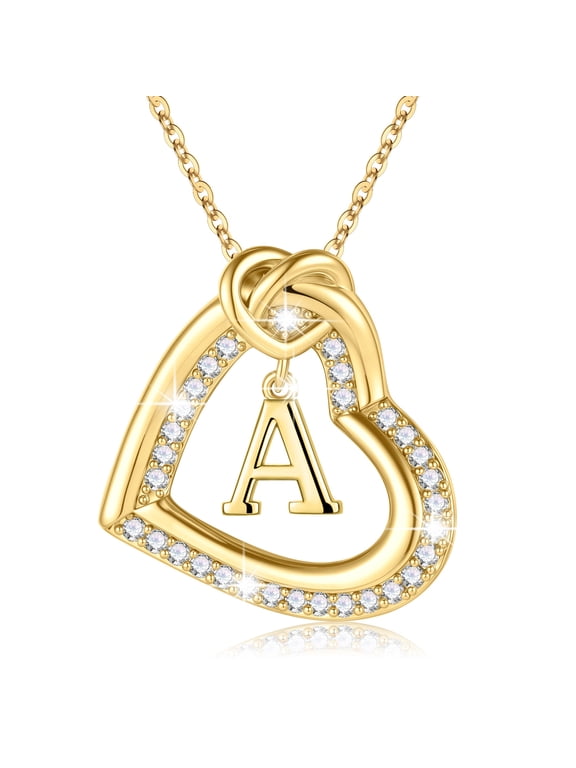 Heart Initial Necklaces for Women 14K Gold Plated Cubic Zirconia Pendant Trendy Jewelry Birthday Teacher Appreciation Mothers Day Graduation Gifts for Her Mom Kids Teen Girls Wife Ideas