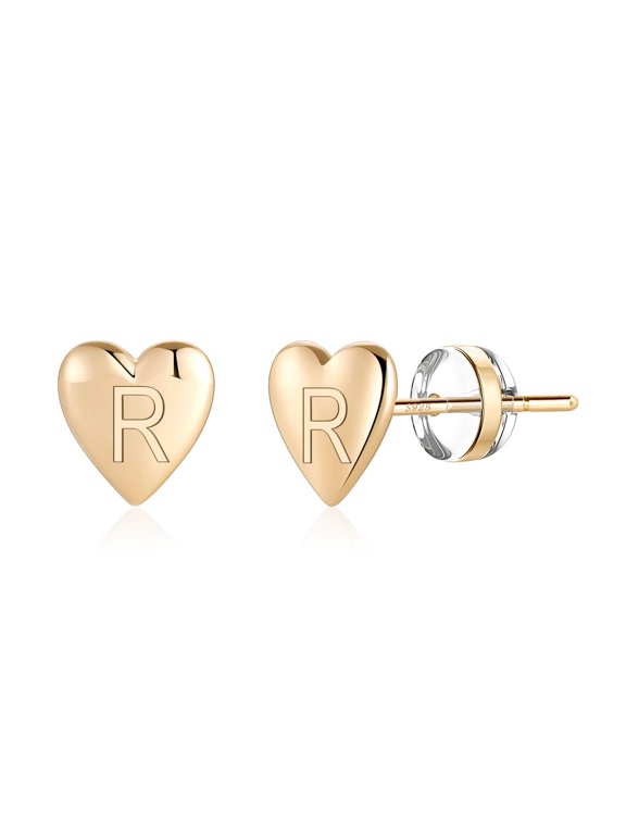 Heart Initial Stud Earrings for Little Girls Dainty 14K Gold Plated Letter A-Z Hypoallergenic Daughter Kids Jewelry Birthday Gifts for Women