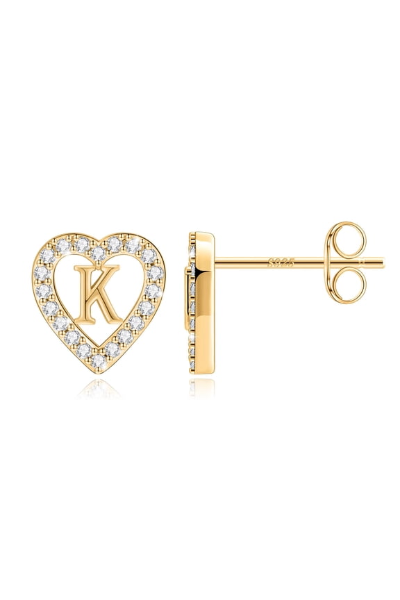 14K Gold Plated Cz Initial Heart Stud Earrings for Teens Little Girls Daughter Childrens Hypoallergenic Jewelry Birthday Gifts for Women