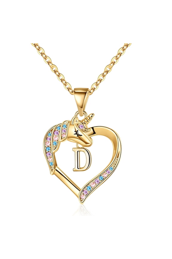 Heart Unicorn Initial Necklace for Girls 14K Gold Plated Colorful CZ Letter a-z Pendant for Teens Little Girls Daughter Kids Jewelry Birthday Gifts for Women Girls Age 8-12
