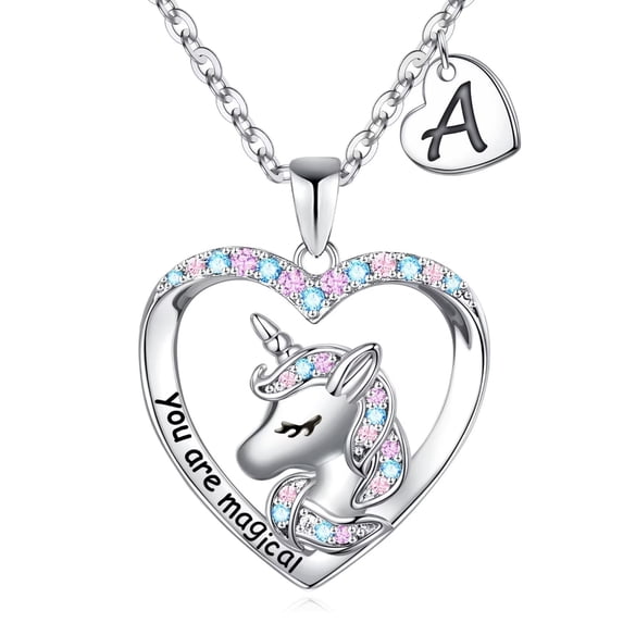 Turandoss Heart Unicorn Initial Necklace for Women 14K White Plated Colorful CZ Pendant Jewelry Birthday Teacher Appreciation Mothers Day Graduation Gifts for Her Mom Kids Teen Girls Wife Ideas