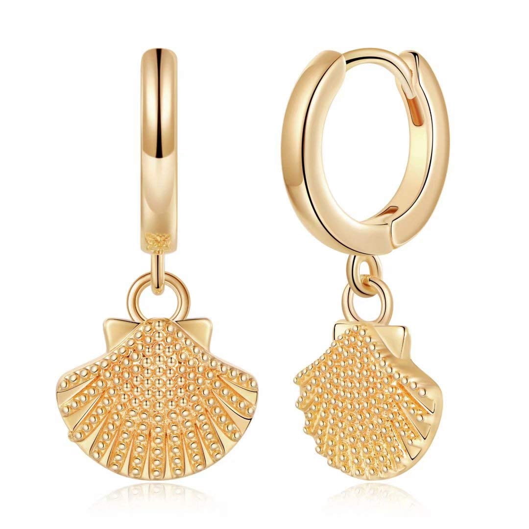Turandoss Huggie Hoop Earrings for Women 14K Gold Plated Dainty Cubic Zirconia Sea Shell Charm Dangle Hypoallergenic Jewelry Mothers Day Birthday Gifts for Women Teen Girls