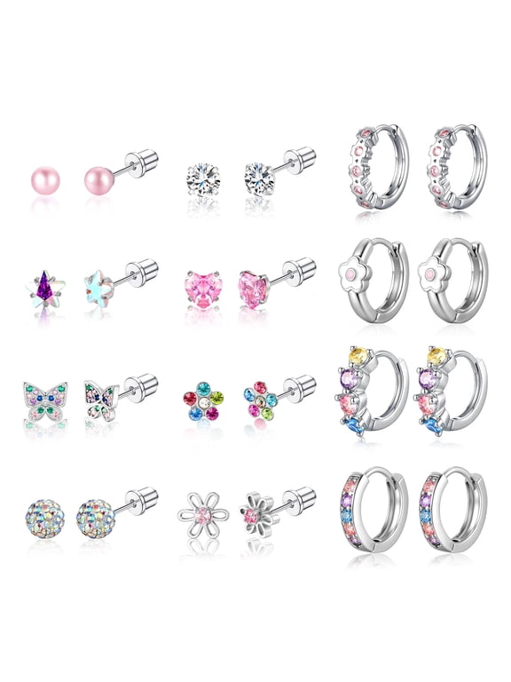 Hypoallergenic Surgical Stainless Steel Earrings for Girls Kids Women - Screw Back Earrings set for Sensitive Ears Cute Flower Butterfly Toddler Stud Hoop Earrings Jewelry Gift