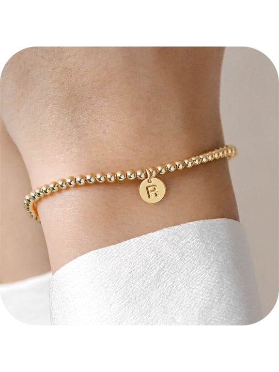 Initial Beaded Stretch Bracelet for Women Girls Dainty 14K Gold Plated Monogram Letter A-Z Bohemian Charm Disc Bracelet for Women Trendy Jewelry Personalized Birthday Gift for Women Girls