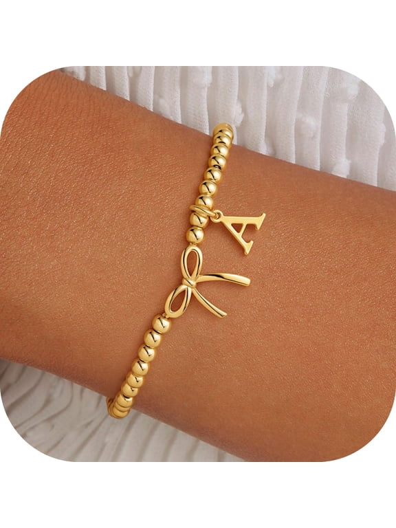 Initial Bracelet Beaded Bow Bracelets for Women 14K Gold Plated Letter A Bracelet for Women Trendy Charm Stretch Bracelets Womens Bow Jewelry Personalized Birthday Gifts