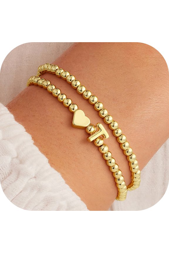 Initial Bracelet for Women Dainty 14K Gold Plated Heart Bracelets for Women Trendy Initial Letter T Bracelet Beaded Charm Bracelets Personalized Jewelry Gifts