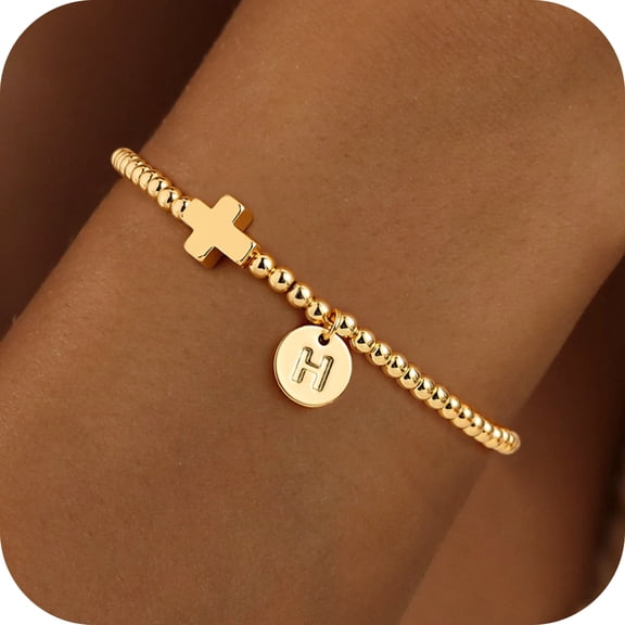Turandoss Initial Bracelets for Women Letter H Bracelets for Women Trendy Cross Bracelet Gold Plate Cute Tiny Beaded Initial Bracelet Dainty Jewelry Communion Baptism Religious Christian Gifts