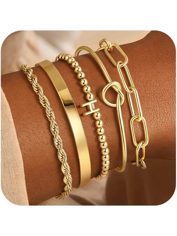 Initial Bracelets for Women Trendy Dainty 14K Gold Plated Letter H Beaded Stretch Bracelet 5PCS Stackable Tie Knot Cuff Twisted Paperclip Bracelet Set Jewelry Gifts for Women