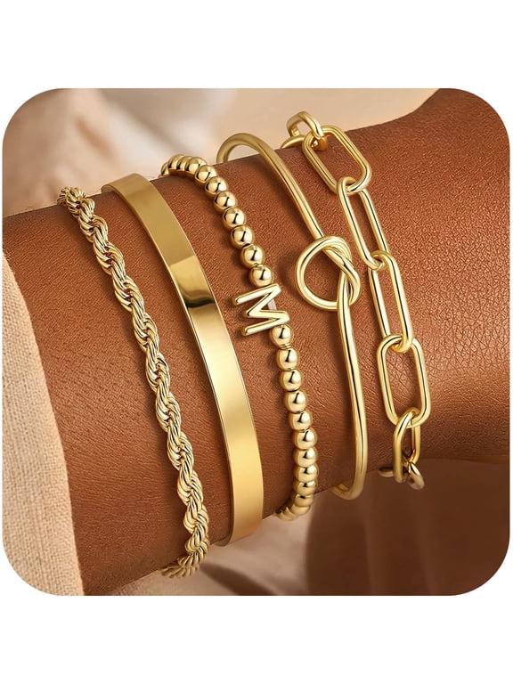 Initial Bracelets for Women Trendy Dainty 14K Gold Plated Letter M Beaded Stretch Bracelet 5PCS Stackable Tie Knot Cuff Twisted Paperclip Bracelet Set Jewelry Gifts for Women