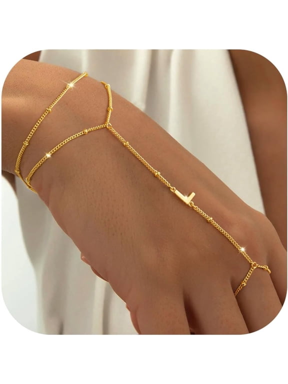 Initial Hand Chain for Women Dainty Gold Ring Bracelet Cuff Hand Chain for Women Trendy Letter L Initial Link Charm Bracelets Personalized Gold Summer Jewelry Birthday Gifts for Women