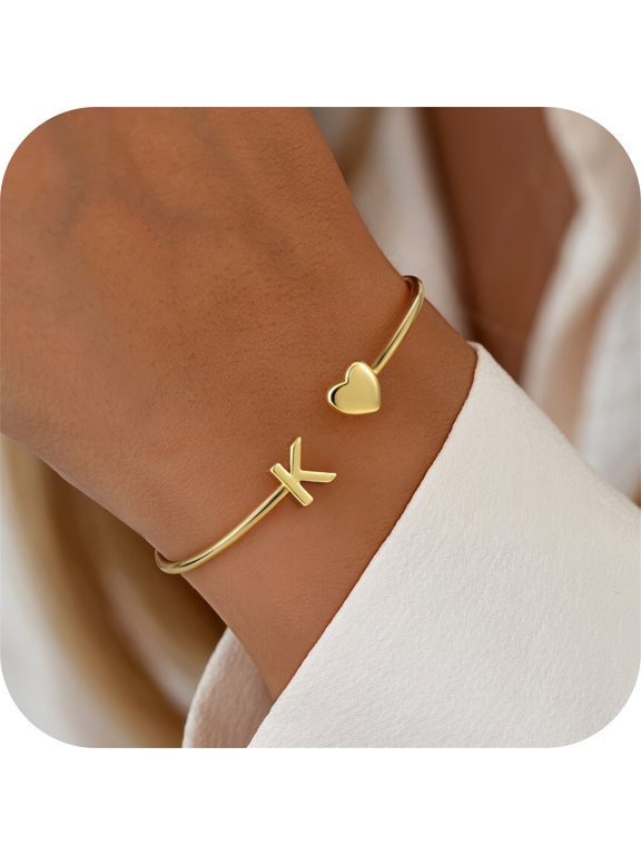 Initial Heart Bracelets for Women Dainty 14K Gold Plated Letter A-Z Initial Heart Cuff Bangle Jewelry Valentine's Day Birthday Gifts for Women Teen Girls Girlfriend