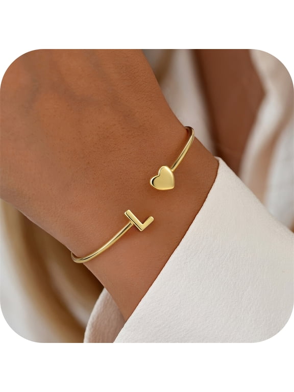 Initial Heart Bracelets for Women Dainty 14K Gold Plated Letter A-Z Initial Heart Cuff Bangle Jewelry Valentine's Day Birthday Gifts for Women Teen Girls Girlfriend