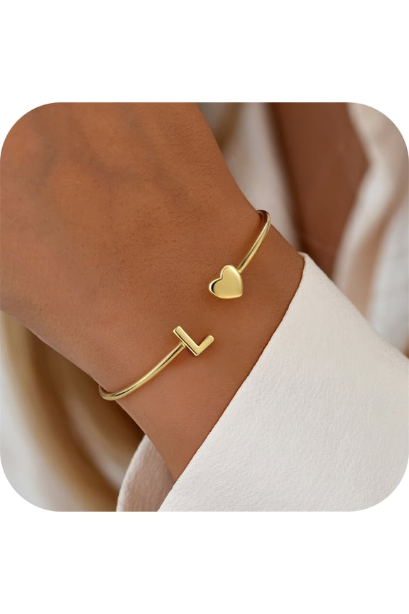 Initial Heart Bracelets for Women Dainty 14K Gold Plated Letter A-Z Initial Heart Cuff Bangle Jewelry Valentine's Day Birthday Gifts for Women Teen Girls Girlfriend
