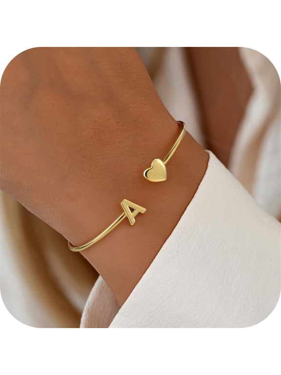 Initial Heart Bracelets for Women Dainty 14K Gold Plated Letter Heart Cuff Bangle Jewelry Birthday Teacher Appreciation Mothers Day Graduation Gifts for Her Mom Kids Teen Girls Wife Ideas