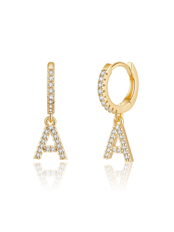 Initial Hoop Earrings for Women 14K Gold Plated Lightweight Cute CZ Huggie Dangling Jewelry Birthday Teacher Appreciation Mothers Day Graduation Gifts for Her Mom Kids Teen Girls Wife Ideas