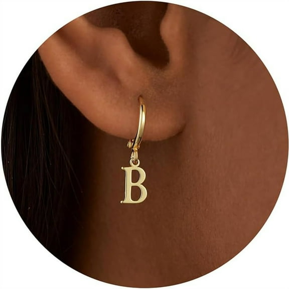 Turandoss Initial Huggie Earrings for Girls 14K Gold Plated Dainty Personalized Eardrop Dangle Letter A-Z Hypoallergenic Girls Fashion Jewelry Gifts for Women Girls