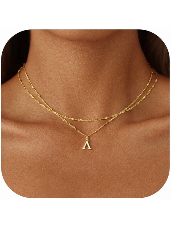 Initial Necklaces for Women 14K Gold Plated Initial Letter A Necklace for Women Dainty Layered Choker Necklace Birthday Personalized Jewelry Teen Girls Gifts