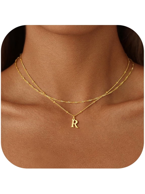 Initial Necklaces for Women 14K Gold Plated Letter R Initial Necklace for Women Trendy Dainty Layered Choker Necklaces Birthday Personalized Jewelry Gifts
