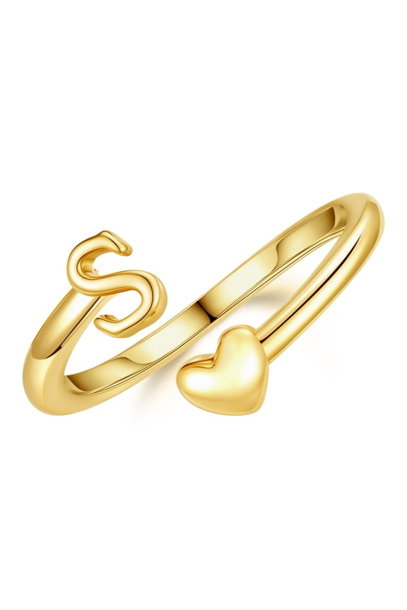 Initial Open Rings for Women Girls 14K Gold Plated Non Tarnish Cute Custom Letter A-Z Heart Charm Adjustable Name Jewelry Birthday Gifts for Women Teen Girls