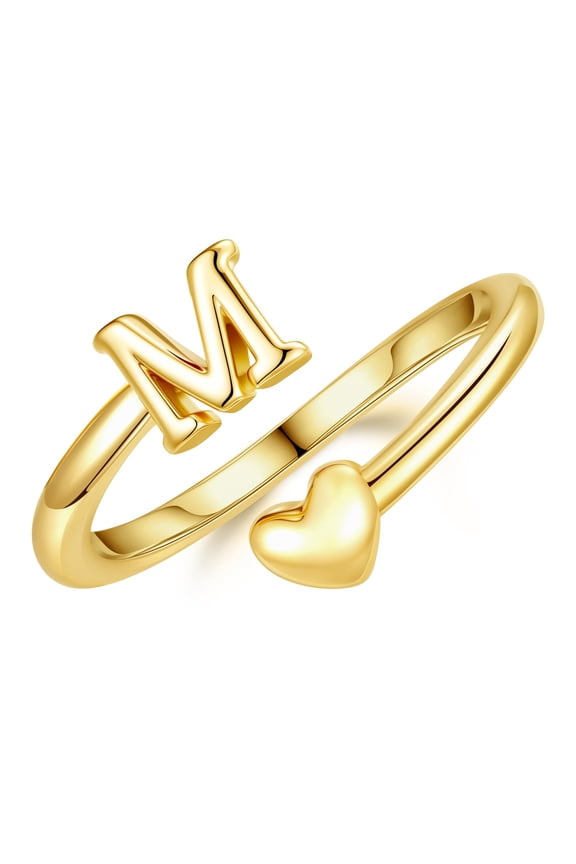 Initial Open Rings for Women Girls 14K Gold Plated Non Tarnish Dainty Custom Letter A-Z Heart Charm Stackable Jewelry Personalized Birthday Promise Gifts for Her