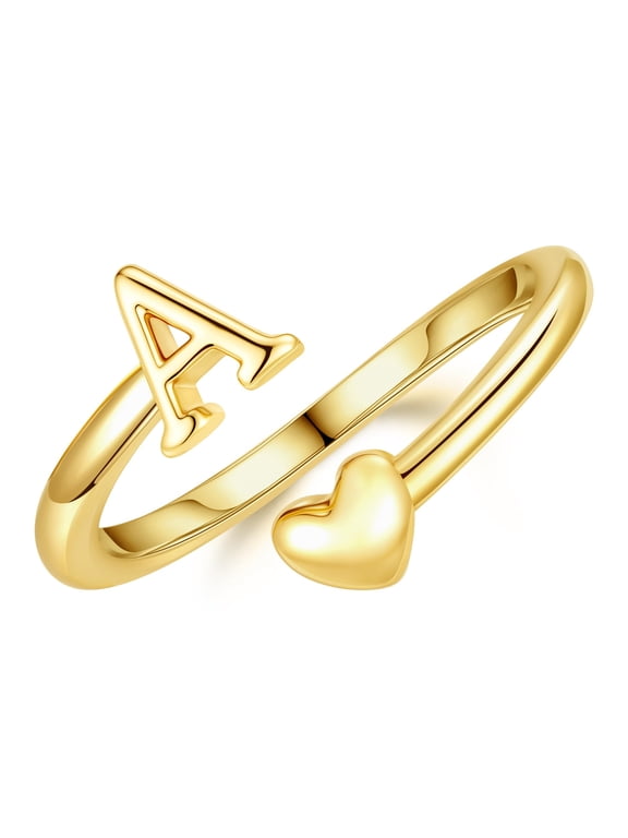 Initial Open Rings for Women Girls 14K Gold Plated Non Tarnish Dainty Custom Letter A-Z Heart Charm Stackable Jewelry Personalized Promise Mothers Day Birthday Gifts for Her