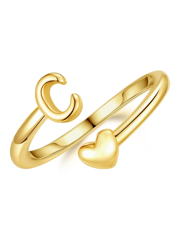 Initial Open Rings for Women Girls 14K Gold Plated Non Tarnish Dainty Letter A-Z Heart Charm Adjustable Jewelry Personalized Birthday Gifts for Women Trendy