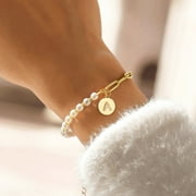 Turandoss Initial Pearl Bracelets for Women, Dainty Personalized Gold A-Z Initial Charm Paper Clip Chain Pearl Bracelets for Girls Gifts