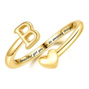 Anillo con Inicial para Mujer y Niñas, Anillo de Corazón con Letra B Chapado en Oro de 14K, Joyería Personalizada Ajustable con Inicial, Regalos para Mujer de Honor para Boda, Regalos de Agradecimiento para Fiesta Nupcial