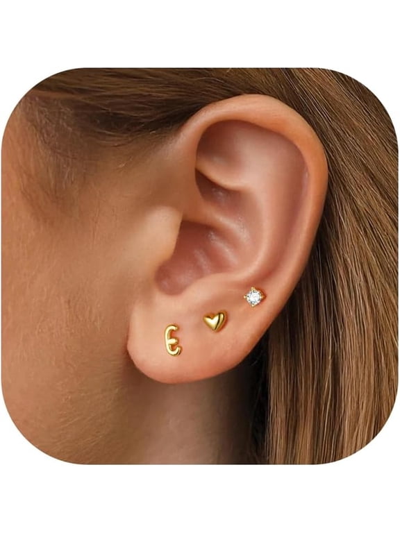 Initial Stud Earrings Set for Girls 14K Gold Plated S925 Sterling Silver Post 3 Pairs Cute Letter Heart Cz Stud Earrings Hypoallergenic Jewelry Birthday Gifts for Girls Toddler
