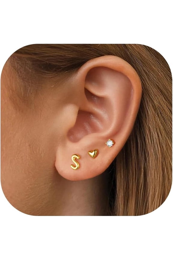 Initial Stud Earrings Set for Girls 14K Gold Plated S925 Sterling Silver Post 3 Pairs Cute Letter Heart Cz Stud Earrings Hypoallergenic Jewelry Birthday Gifts for Girls Toddler