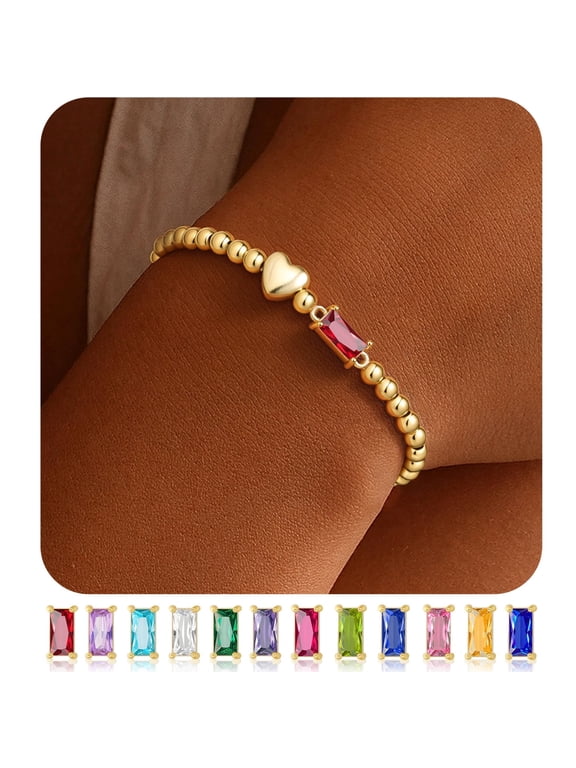 January Birthstone Heart Bracelets for Women Dainty 14K Gold Plated Red Created Garnet Birthstone Bracelet Trendy Birthday Gifts for 5 6 7 8 9 10 11 12 13 14 15 16 Teen Girls Jewelry