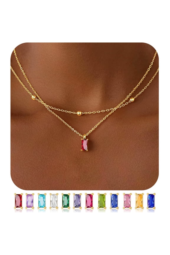 January Birthstone Necklaces for Women 14K Gold Plated Dainty Garnet Red Color Birthstone Layered Necklace Gold CZ Pendant Necklace Trendy Women's Jewelry Birthday Gifts