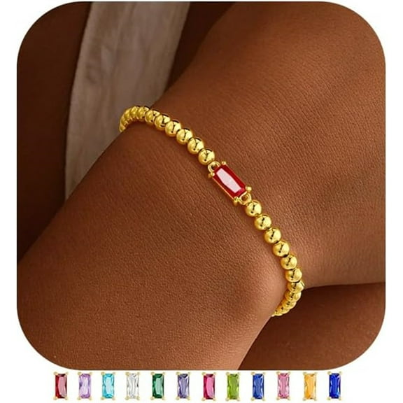 Turandoss July Birthstone Bracelet for Women Dainty Ruby Red Birthstone 14K-Gold-Plated Elastic Bead Bracelets Trendy Friendship Jewelry Gifts for Women Girls