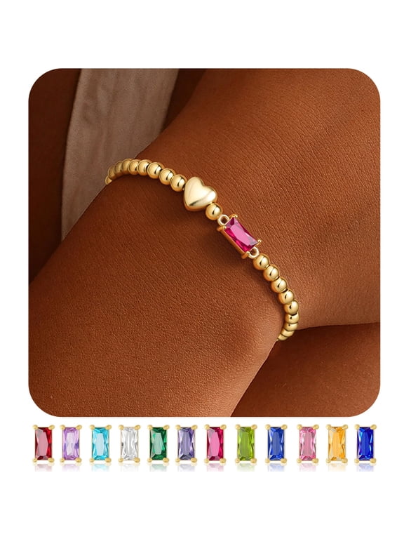 July Birthstone Heart Bracelets for Women Dainty 14K Gold Plated Red Created Ruby Birthstone Elastic Bracelet Trendy Birthday Jewelry Gifts for 10 11 12 13 14 15 16th Teen Girls Women