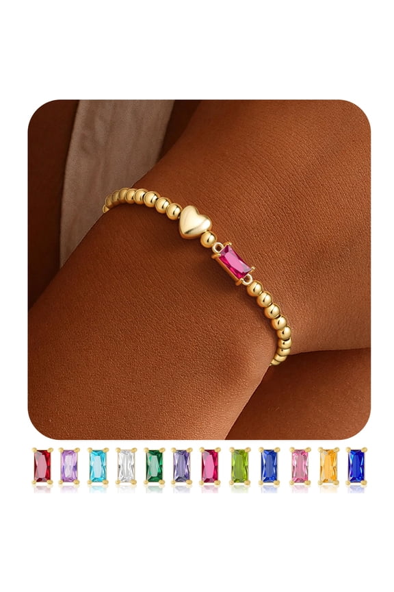 July Birthstone Heart Bracelets for Women Dainty 14K Gold Plated Red Created Ruby Birthstone Elastic Bracelet Trendy Birthday Jewelry Gifts for 10 11 12 13 14 15 16th Teen Girls Women
